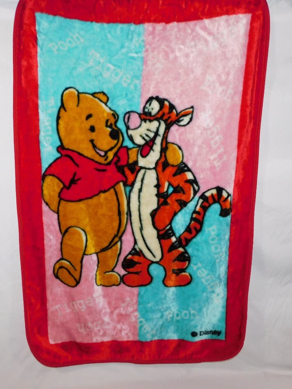 VTG Disney Winnie the Pooh Tigger Plush Fleece Blanket Red Blue Pink 29" x 42"